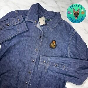Ralph Lauren LRL Denim Shirt Womens Petite Large Crest Patch Chambray Button Up